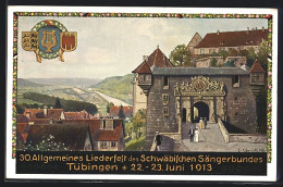 Künstler-AK Tübingen, 30. Allgem. Liederfest 1913, Hofeingang, Harfe, Ganzsache  - Tarjetas