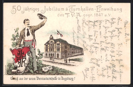 Lithographie Ganzsache Bayern PP7C3: Augsburg, 50.jähriges Jubliäum & Turnhallen-Einweihung Des TVA 1847 A.V.  - Briefkaarten