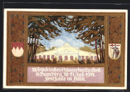 Künstler-AK Ganzsache Bayern PP38C17 /04: Bamberg, XII. Fränkisches Sängerbundfest 1914, Festhalle Im Hain  - Briefkaarten