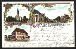 Lithographie St. Ludwig, Mühlhauserstrasse, Evangl. L'Église, Gemeindehaus  - Autres & Non Classés