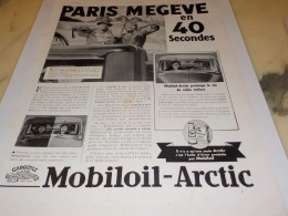 ANCIENNE PUBLICITE PARIS MEGEVE EN 40 SECONDES HUILE MOTEUR MOBILOIL ARTIC 1938 - Autres & Non Classés