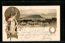 Lithographie Graz, Panorama Des Ortes, Frau Mit Harfe Vor Dem Ortswappen  - Other & Unclassified