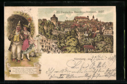 Lithographie Nürnberg, XII. Deutsches Bundesschiessen 1897, Teilansicht, Schütze Mit Frau In Tracht  - Jagd
