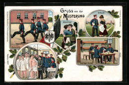 Lithographie Gruss Von Der Musterung, Abschied, Kartenspielen Auf Der Stube, Urlaub Daheim, Exerzieren Im Kasernenhof  - Guerre 1914-18
