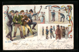 Lithographie Gruss Von Der Musterung, Männer Und Frauen Am Brunnen, Soldaten In Uniform  - Guerre 1914-18