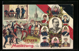 AK Gruss Von Der Musterung, Gemessen, Portraits Mit Uniformen, Infanterie, Train, Landsturm  - Guerre 1914-18