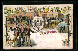 Lithographie Gruss Von Der Musterung, Wappen, Eichenlaub, Infanterist Und Artillerist  - War 1914-18