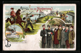 Lithographie Gruss Von Der Musterung!, Felddienst, Kriegsschiff, Ambulanz  - War 1914-18