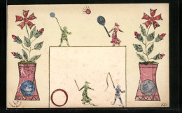 AK Briefmarkencollage, Zwei Blühende Pflanzen In Vasen Und Vier Kinder Mit Verschiedenem Spielzeug  - Briefmarken (Abbildungen)