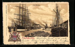 Lithographie Hamburg, Hafenbild, Stadtwappen  - Autres & Non Classés