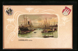 Passepartout-Lithographie Hambur, Schiffe Im Hafen, Wappen  - Autres & Non Classés