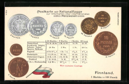 Künstler-AK Finnland, Münzenkarte, Münzen Und Nationalflagge  - Münzen (Abb.)