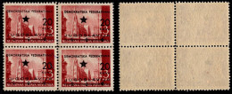 YUGOSLAVIA-CROATIA, PROVISIONAL ISSUE FOR SPLIT, 20/3 KUNA "LANDSCAPES" POROUS PAPER BLOCK OF FOUR, MNH 1945 RARE!!!! - Unused Stamps