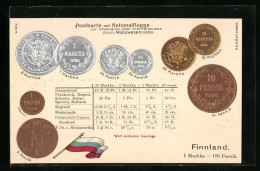 AK Geld Und Nationalfahne Von Finnland, Umrechnungstabelle  - Monedas (representaciones)