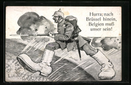 Künstler-AK Deutscher Soldat Marschiert In Brüssel Ein, Propaganda 1. Weltkrieg  - Guerre 1914-18