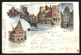 Lithographie Bremen, Schüsselkorb, Wappen, Rats-Waage, Essig-Haus  - Bremen
