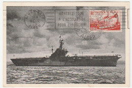 Carte Porte-Avions Arromanches Avec Cachet "Oeuvres Sociales De La Marine", 1949, Alger-Gare - Storia Postale