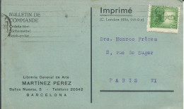 ESPAGNE  CARTE / IMPRIME 10p BARCELONE POUR PARIS DE 1936 LETTRE COVER - Storia Postale