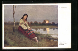 AK Junge Frau In Tracht An Einem Gewässer Bei Sonnenuntergang  - Unclassified