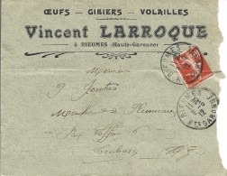 17 --- Lettre 31 RIEUMES En-tête Vincent Larroque Oeufs - Gibiers - Volailles 17 --- Lettre 31 RIEUMES En-tête Vincent - 1900 – 1949