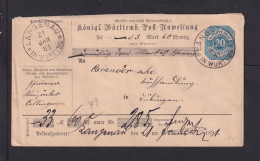 1891, 21.10. - 20 Pf. Postanweisung Ganzsache (AU 43 - Frühdatum) Ab Langenau Nach Tübingen - Other & Unclassified