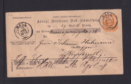 1878 - 15 Pf. Postanweisung Ganzsache (AU 27) Ab Hall Nach Kupferzell - Andere & Zonder Classificatie