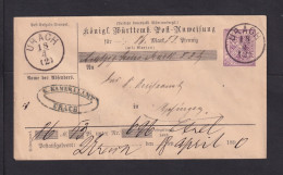 1890 - 15 Pf. Dienst-Postanweisung Ganzsache (ADU 17III) Ab Urach - Other & Unclassified