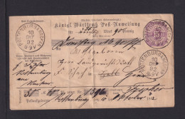 1892 - 15 Pf. Postanweisung Ganzsache (AU 42) Ab Rottenburg  - Autres & Non Classés