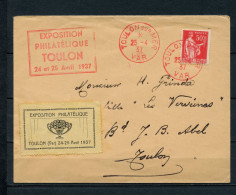 FRANCE JOURNEE DU TIMBRE TOULON 1937 283 TYPE PAIX OBL ROUGE - Philatelic Fairs