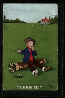 Künstler-AK Ein Junge Sitzt Auf Dem Golfplatz Und Isst Ein Fisch-Sandwich  - Golf