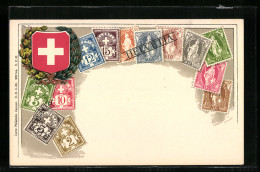 AK Schweizer Briefmarken Und Wappen, Eichenlaub  - Stamps (pictures)