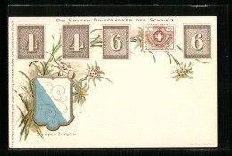 Lithographie Kanton Zürich, Die Ersten Briefmarken D. Schweiz, Zürcher Wappen, Blumenverzierung  - Sellos (representaciones)