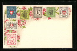 AK Schweizer Briefmarken Auf Blühenden Blumen  - Timbres (représentations)