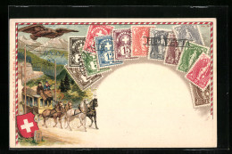 Lithographie Helvetia Briefmarken, Postkutsche, Adler  - Timbres (représentations)