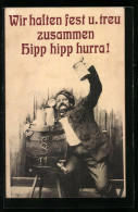 AK Trinkerhumor, Mann Mit Bierkrug In Der Hand Umarmt Sein Bierfass  - Humor