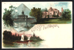 Lithographie Potsdam, Marmor Palais, Schloss Babelsberg, Pfaueninsel Mit Segelbooten  - Potsdam