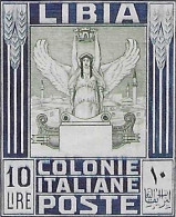LIBIA 1937 Serie Pittorica 10 Lire Azzurro Oliva Dent. 11 Senza Filigrana (Sassone 145) Catalogo Euro 1.400 - Libyen