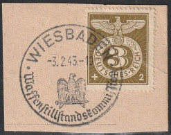 Deut. Reich: 1943, Mi. Nr. 830, 3+2 Pfg. Sonderstempelmarke Auf Brfstk. SoStpl. WIESBADEN / WAFFENSTILSTANKOMMISION - Used Stamps