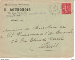 Cachet De Paris Rue Du Chemin Vert De 1907, Type Semeuse Lignée - 1877-1920: Semi Modern Period
