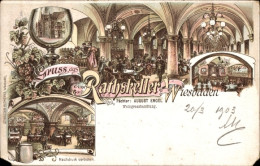 Lithographie Wiesbaden In Hessen, Gasthaus Ratskeller, Innenansicht, Weingroßhandlung - Autres & Non Classés