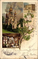 Lithographie Wiesbaden In Hessen, Russische Kirche, Loesch's Weinstuben - Autres & Non Classés