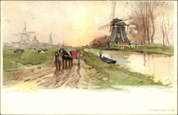 Artiste Lithographie Cassiers, H., Niederländische Landschaft Mit Windmühlen - Windmühlen