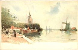 Artiste Lithographie Cassiers, H., Zaandam Südholland, Windmühle, Kirchturm, Boote - Sonstige & Ohne Zuordnung