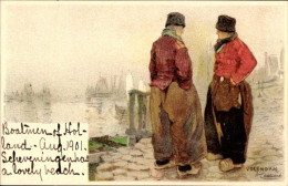Artiste Lithographie Cassiers H., Volendam Nordholland Niederlande, Hafen, Zwei Männer - Other & Unclassified