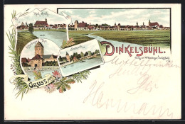 Lithographie Dinkelsbühl, Kath. Kirche, Stadtpark, Rothenburger Thor  - Rothenburg O. D. Tauber