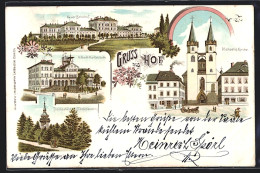 Lithographie Hof, Neuer Bahnhof, Post-Gebäude, Michaelis-Kirche & Thomashöhe  - Hof