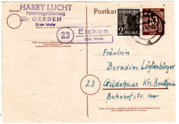 1948, Landpost Stpl. 23 EICKEN über Melle Auf 10 Pf. Ganzsache M. Zusatzfr. - Storia Postale
