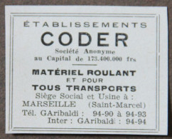 Publicité : Ets CODER, Matériel Roulant Et Pour Tous Transports, Marseille, 1951 - Publicités