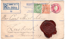GB 1934, 1/2+2d Zusatzfr. Auf Einschreiben Ganzsache Brief V. London N. Lübeck - Autres & Non Classés
