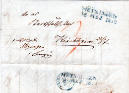 Württemberg 1853, L2 METZINGEN In Blau Auf Porto Brief N. Kirchheim - Briefe U. Dokumente